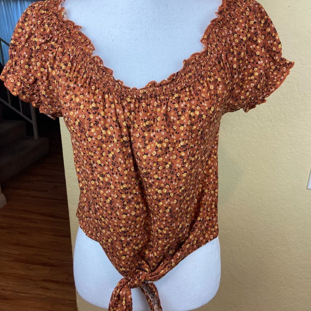 Mimi Chica Brown Floral Tie Front Blouse Rayon Sz L/ XL